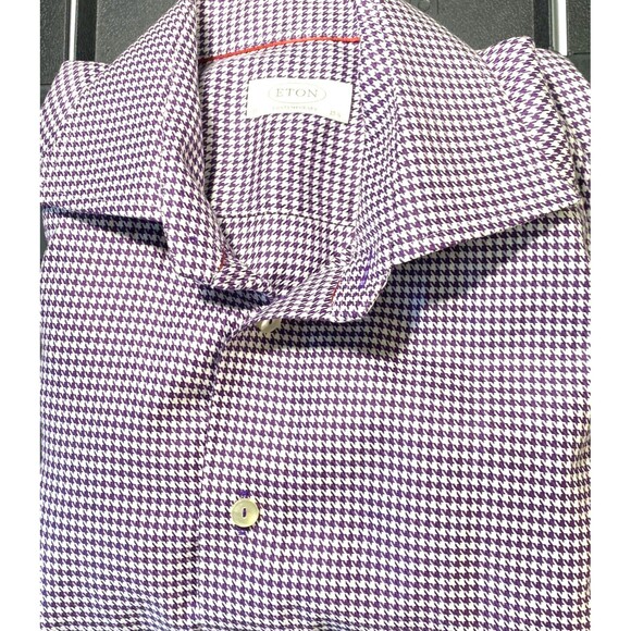 Eton Men's 39 x 15.5 US Medium Shirt Purple Houndstooth Long Sleeve Back Pleats - Picture 5 of 8
